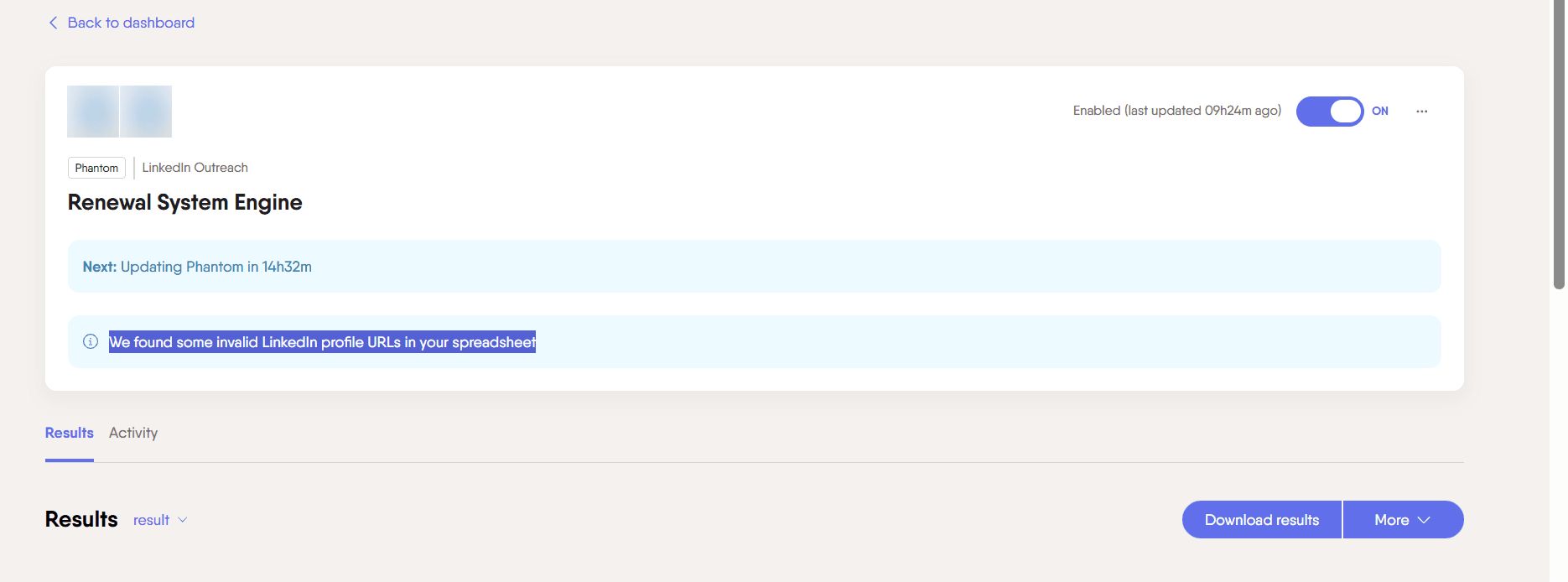 PhantomBuster log showing an invalid LinkedIn profile URL input error