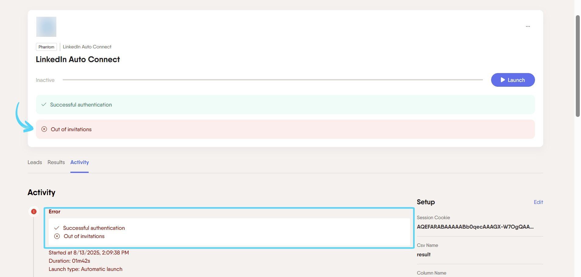 PhantomBuster LinkedIn Auto Connect console showing the weekly invitation limit reached error from LinkedIn