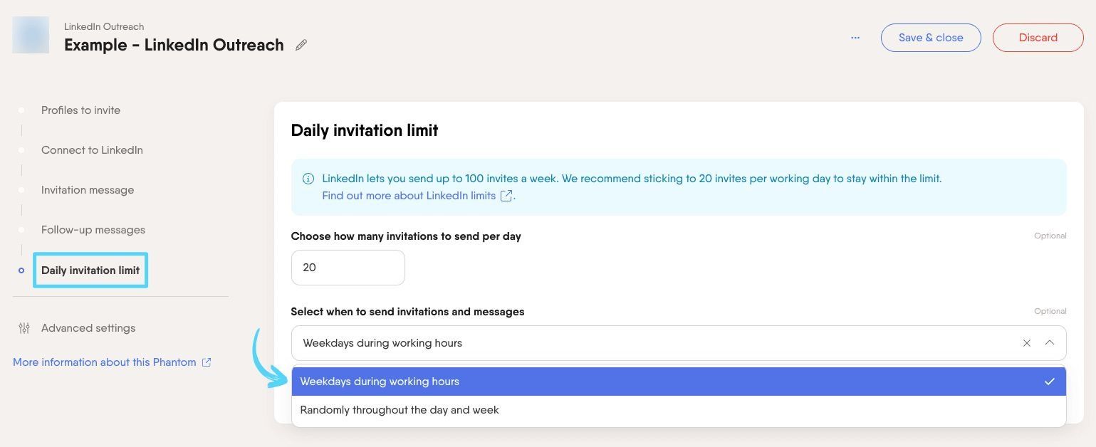 PhantomBuster LinkedIn Outreach Workflow showing the Weekdays during working hours scheduling option