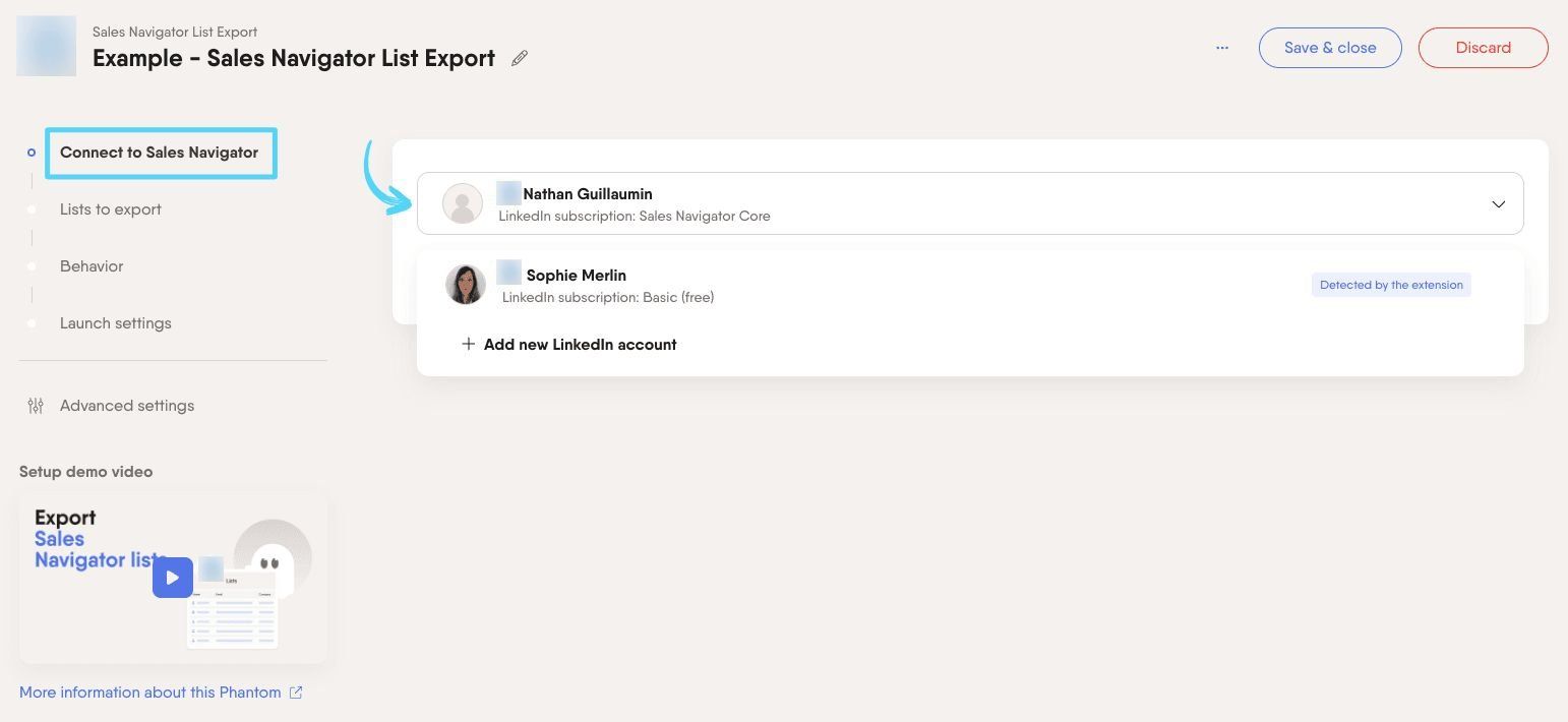 PhantomBuster Sales Navigator List Export step 1 connecting your Sales Navigator account