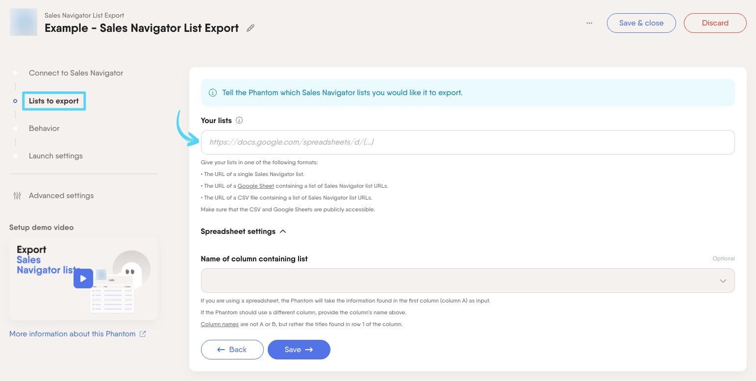 PhantomBuster Sales Navigator List Export step 2 choosing which Sales Navigator lists to export