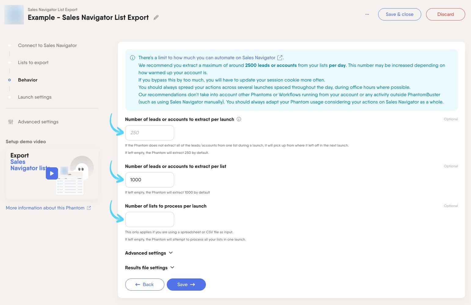 PhantomBuster Sales Navigator List Export step 3 specifying how many results to extract