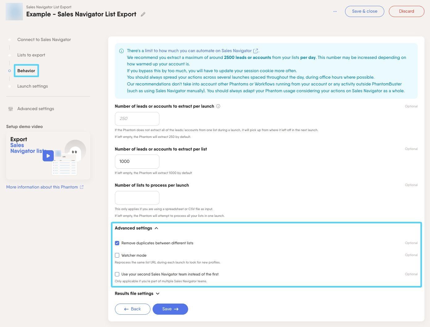 PhantomBuster Sales Navigator List Export step 3 advanced settings including deduplication and watcher mode