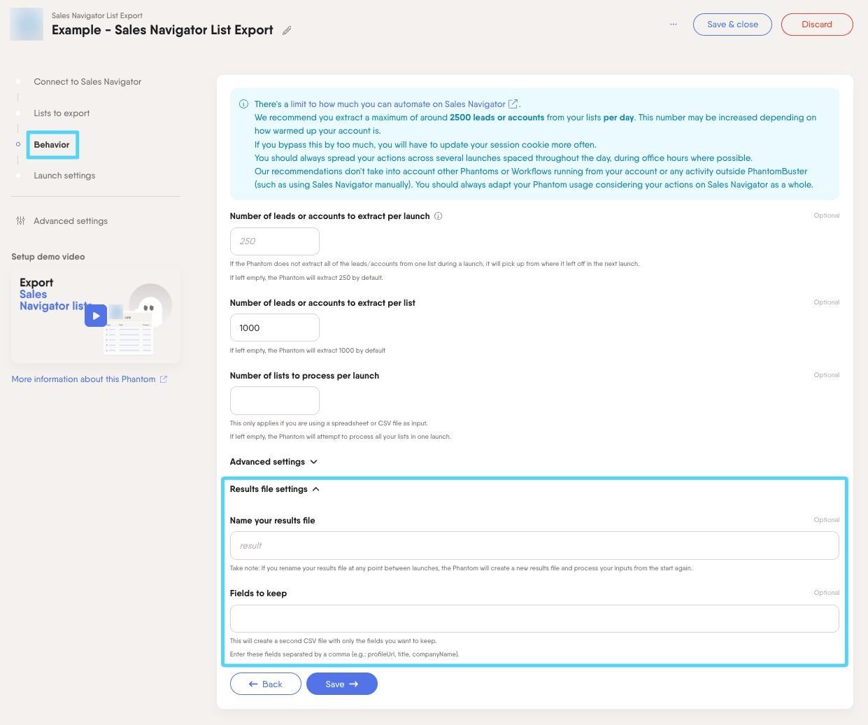 PhantomBuster Sales Navigator List Export step 3 result file settings dropdown