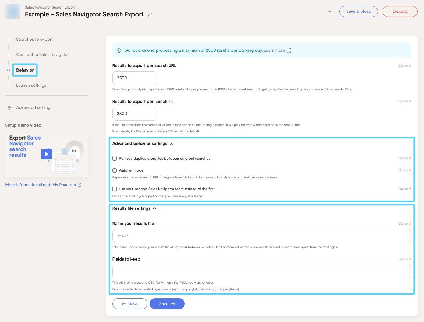 PhantomBuster Sales Navigator Search Export step 3 advanced settings and result file dropdown menus