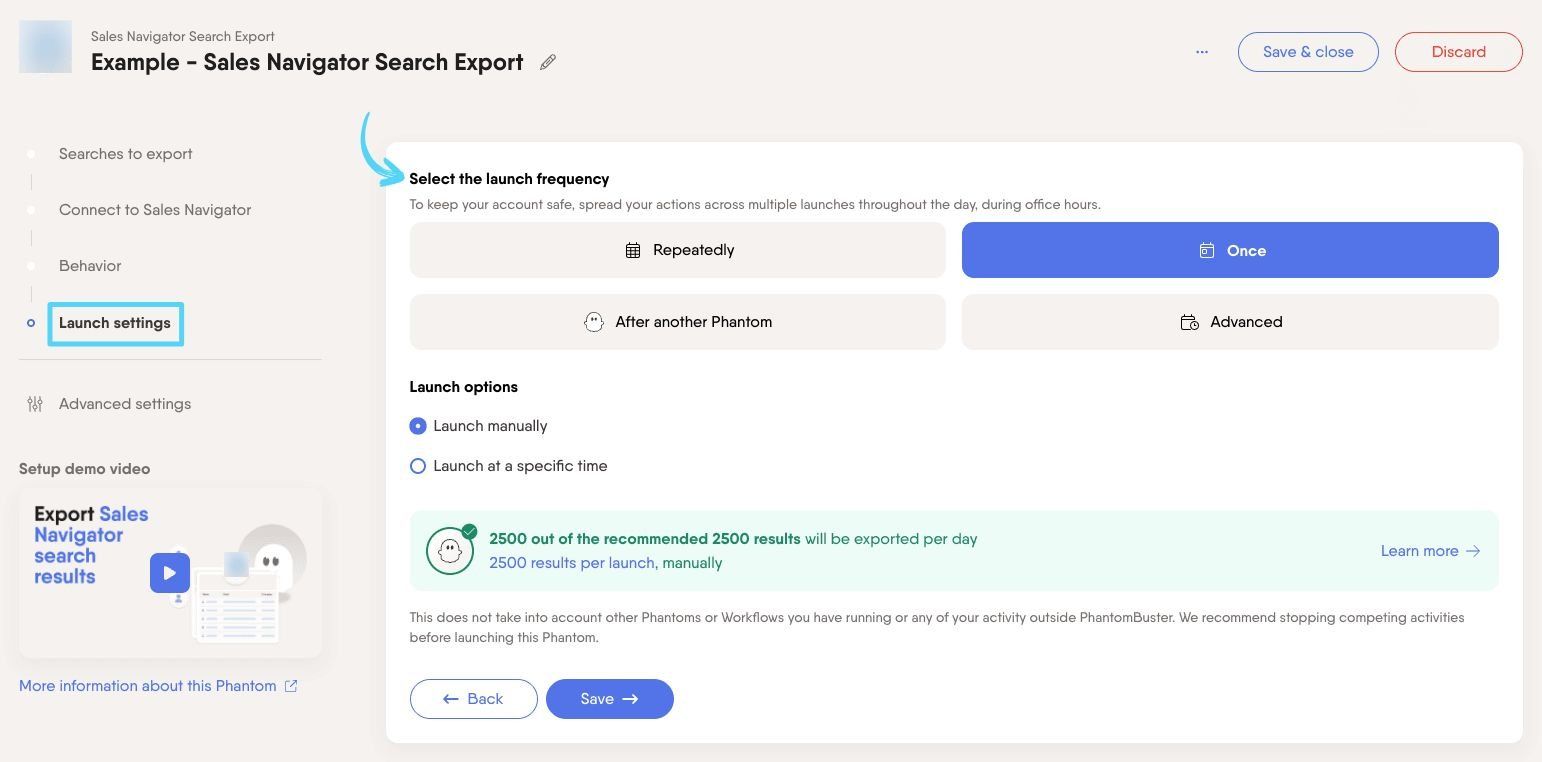 PhantomBuster Sales Navigator Search Export step 4 selecting launch frequency