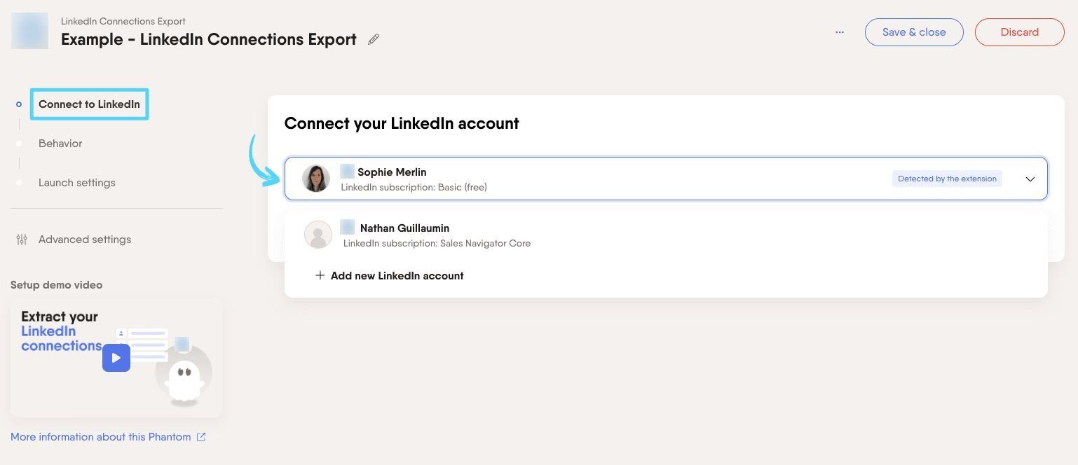 PhantomBuster LinkedIn Connections Export step 1 connecting your LinkedIn account