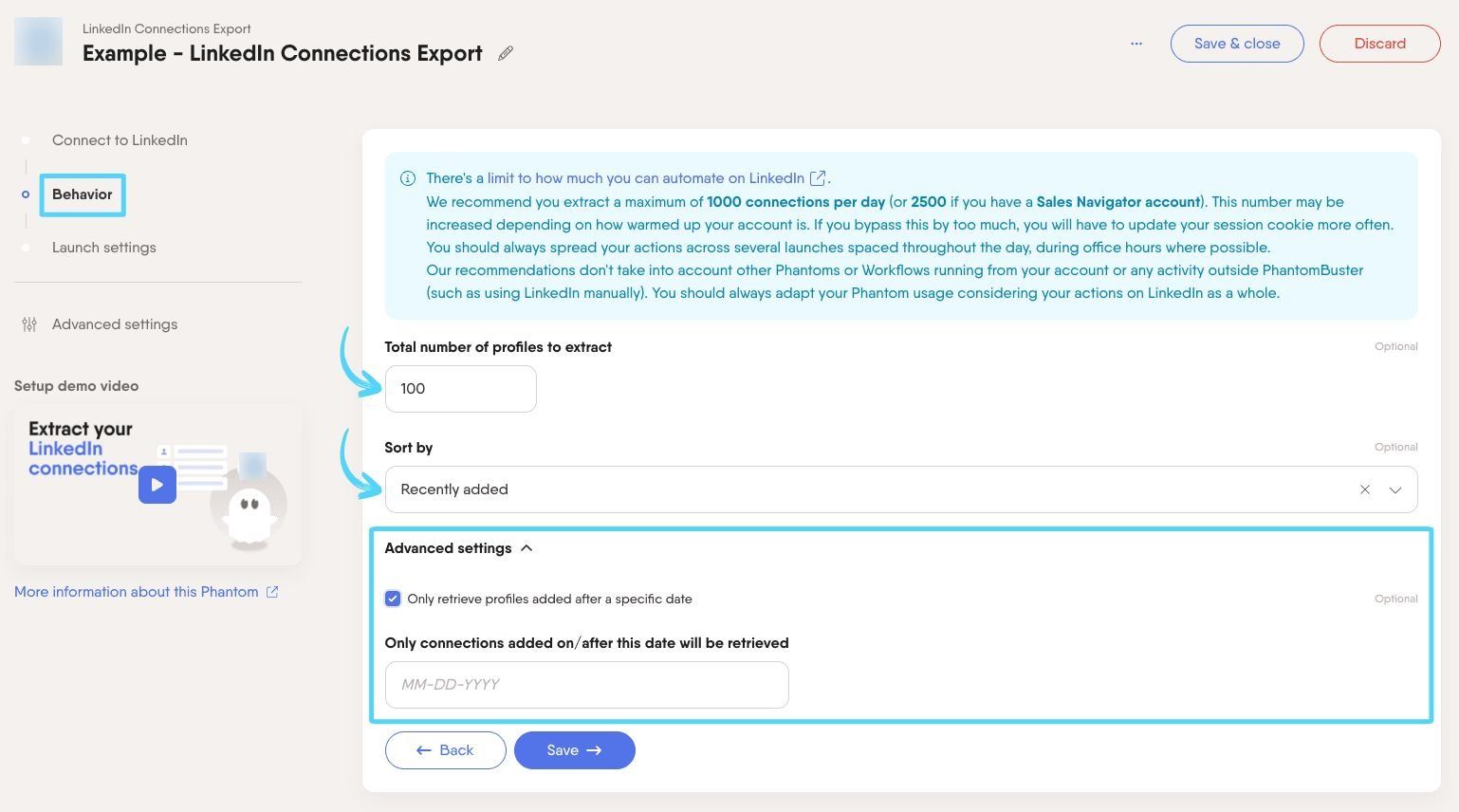 PhantomBuster LinkedIn Connections Export step 2 configuring behavior