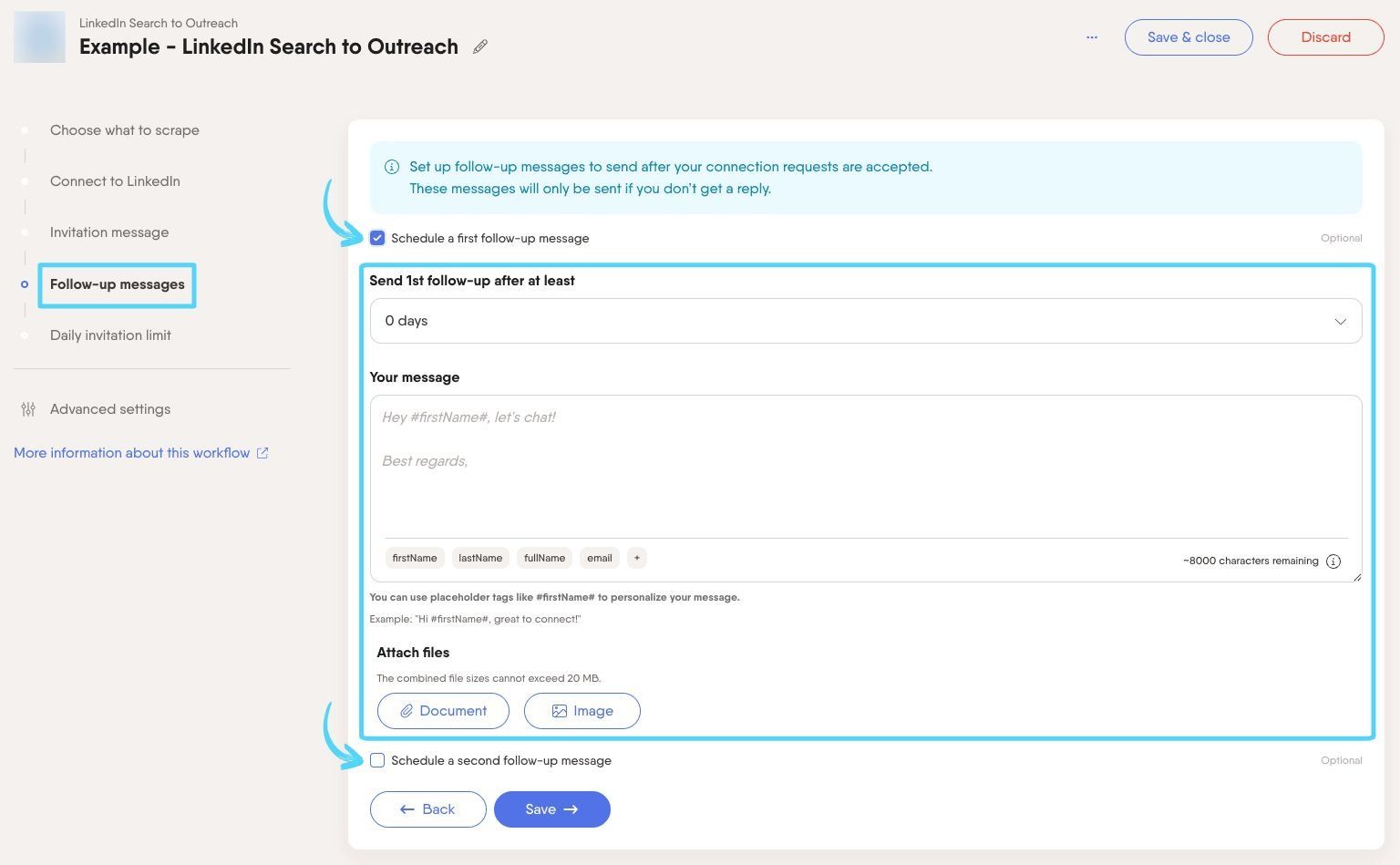 PhantomBuster Workflow step 4 writing and scheduling follow-up messages