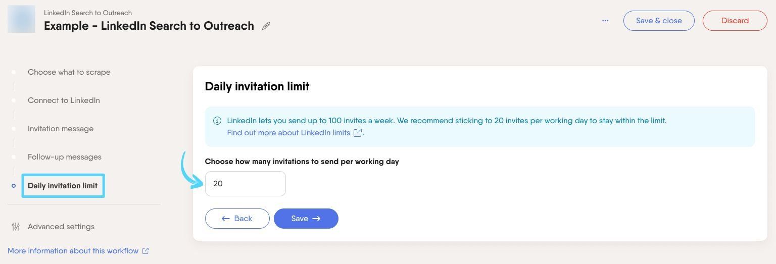 PhantomBuster Workflow step 5 setting the daily invitation limit