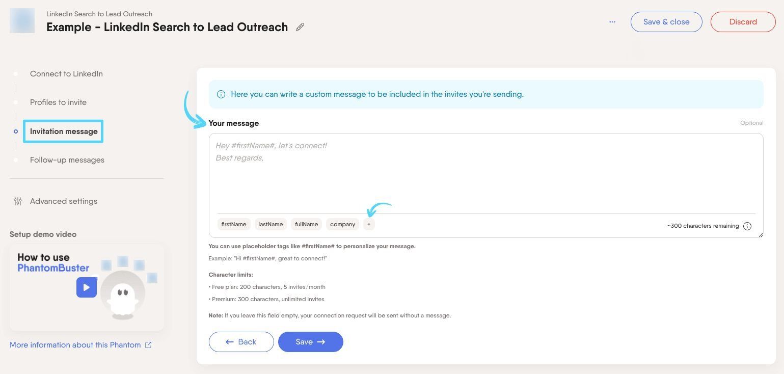 PhantomBuster LinkedIn Search to Lead Outreach step 3 customizing your connection request