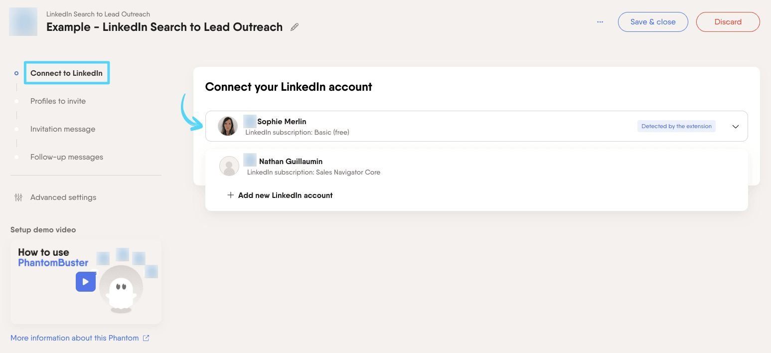 PhantomBuster LinkedIn Search to Lead Outreach step 1 connecting your LinkedIn account
