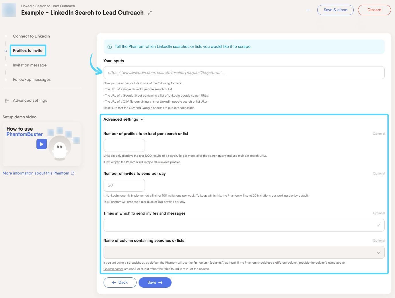 PhantomBuster LinkedIn Search to Lead Outreach step 2 choosing which LinkedIn profiles to invite
