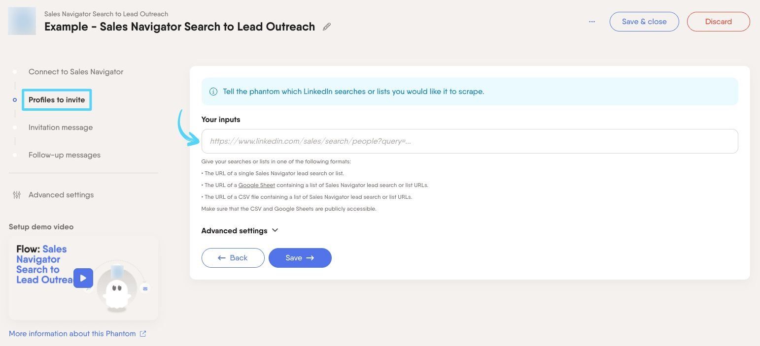PhantomBuster Sales Navigator Search to Lead Outreach step 2 choosing which profiles to invite from a search or list