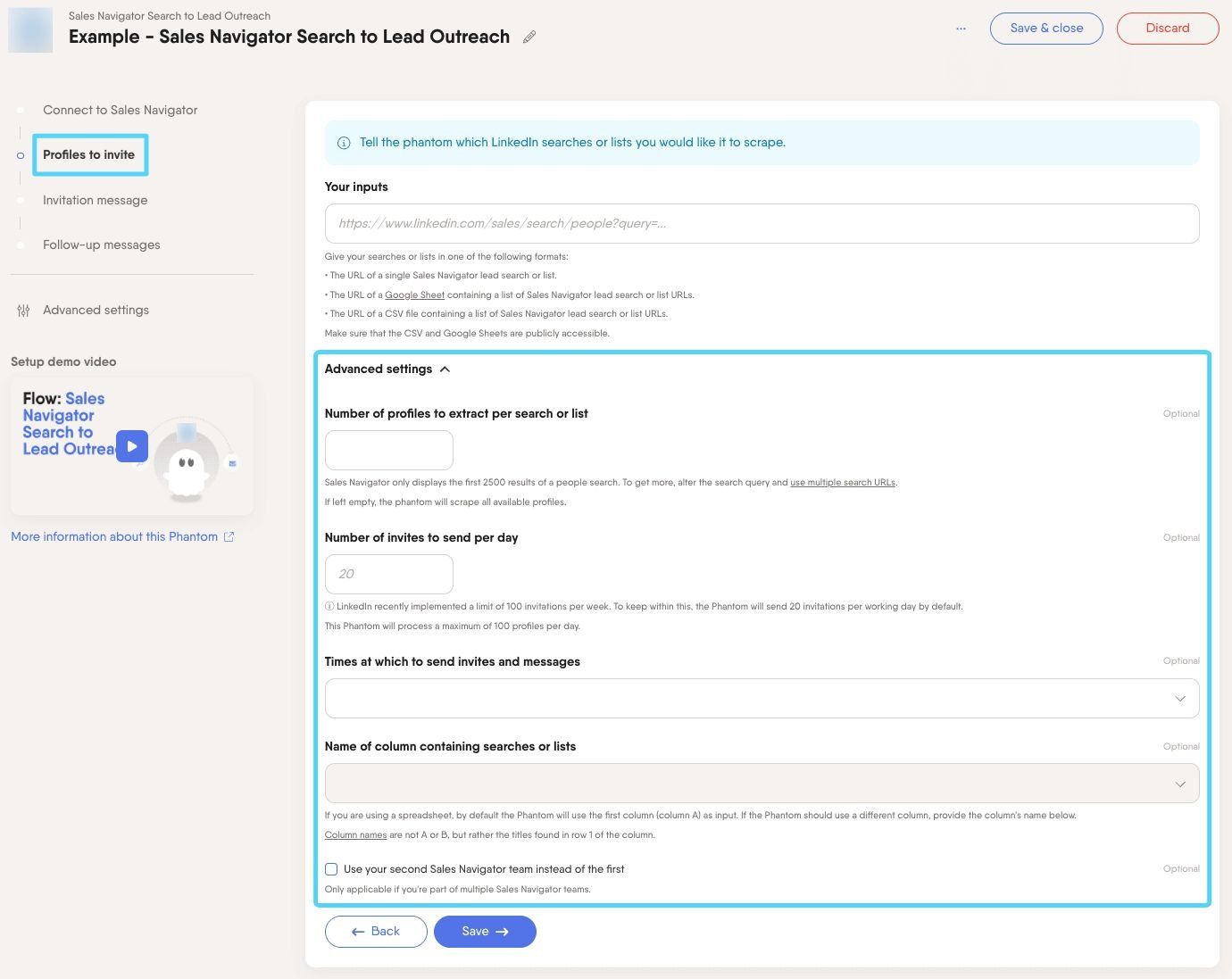 PhantomBuster Sales Navigator Search to Lead Outreach step 2 advanced settings for profile and invite limits