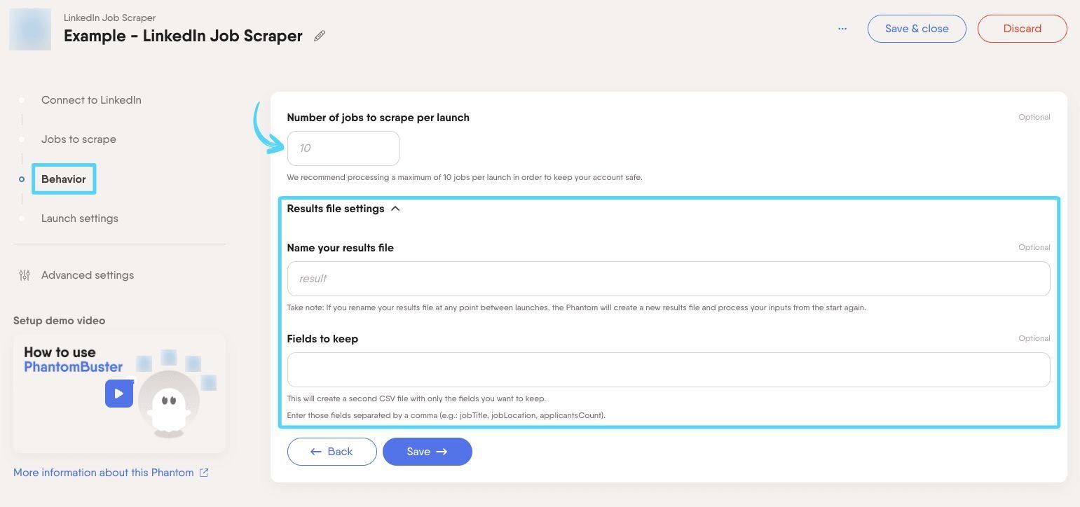 PhantomBuster LinkedIn Job Scraper step 3 configuring scraping settings