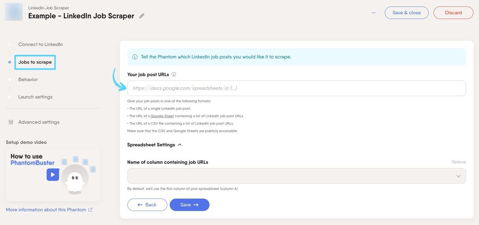 PhantomBuster LinkedIn Job Scraper step 2 providing LinkedIn job post URLs