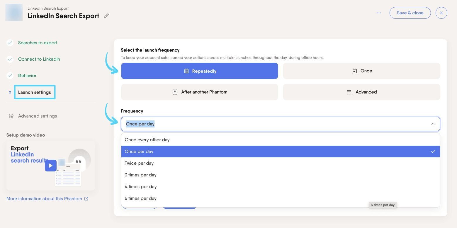 Repeatedly launch option showing frequency selector set to once per day