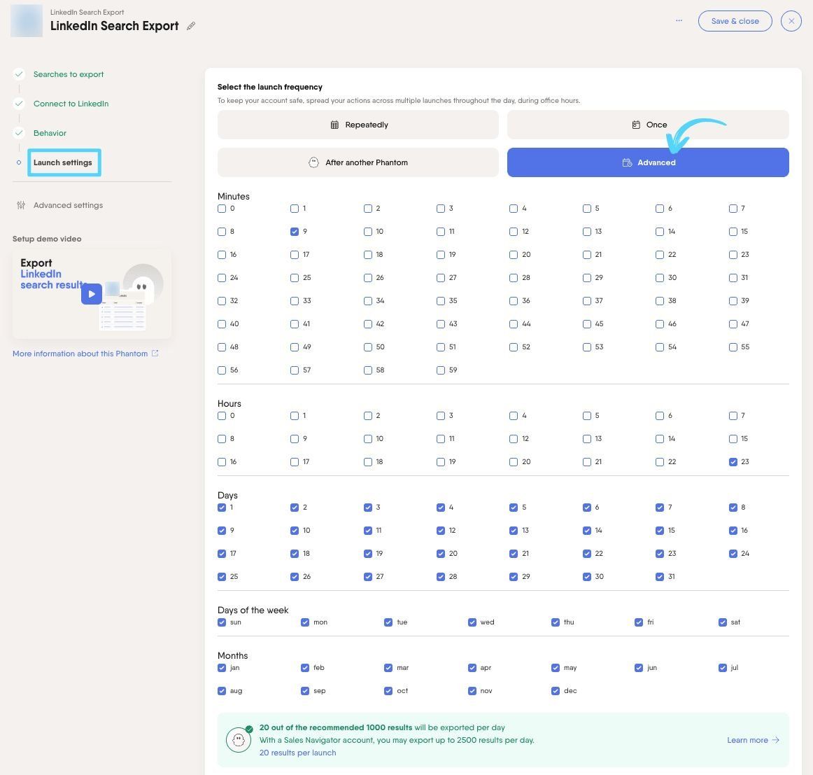 Advanced launch option with minute, hour, day, and month selectors