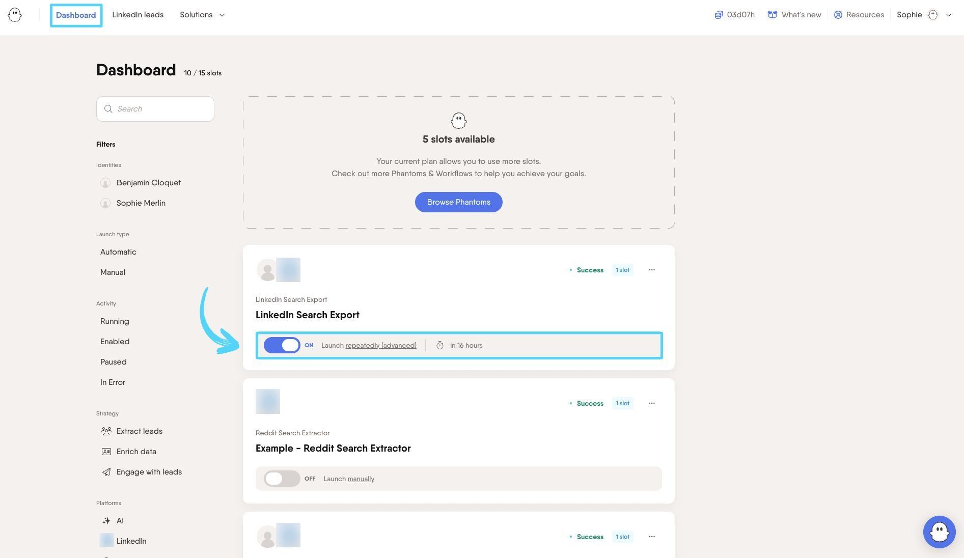 Dashboard Phantom card showing advanced schedule with specific launch times configured