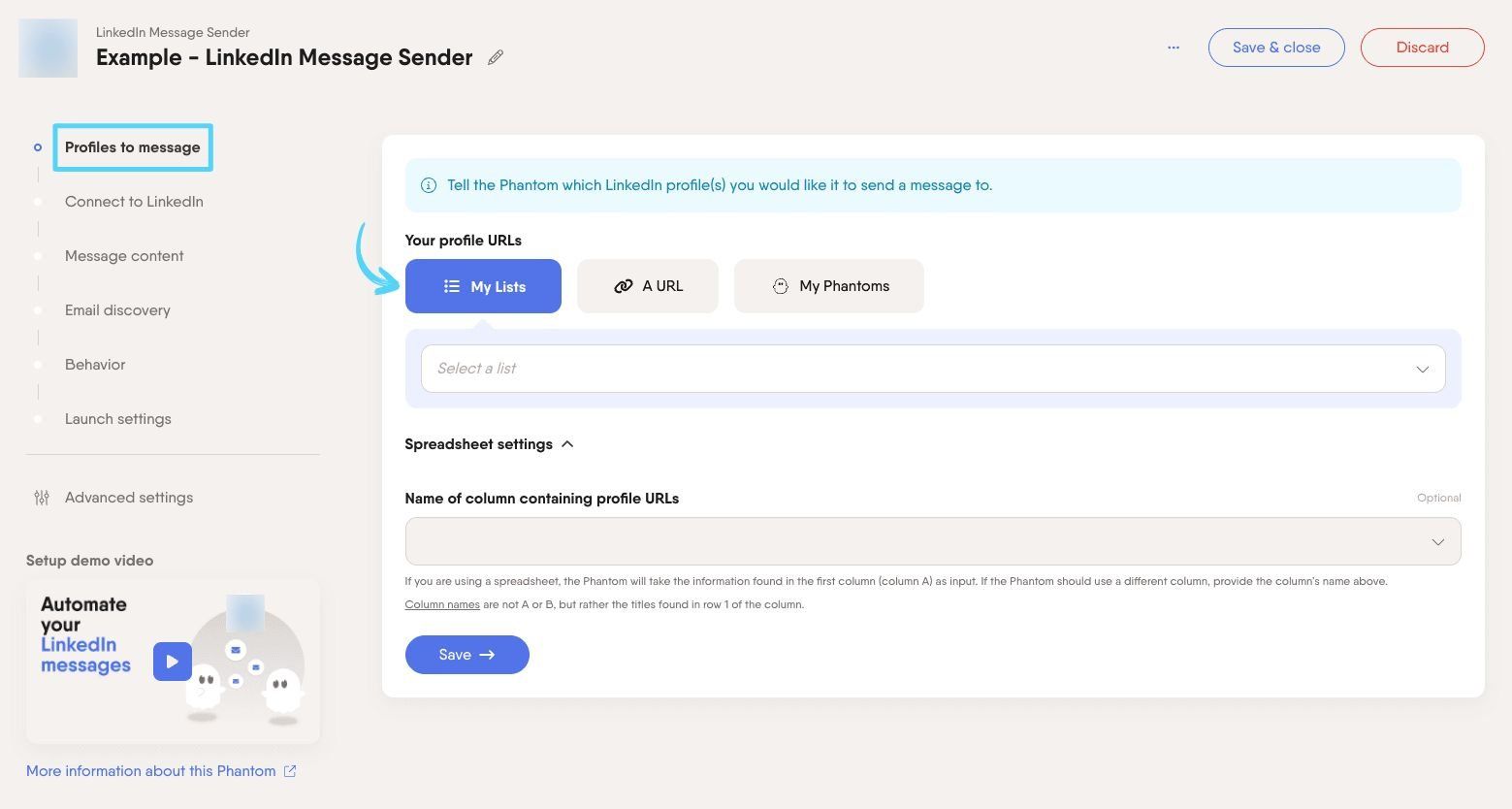 PhantomBuster LinkedIn Message Sender step 1 choosing which LinkedIn profiles to message