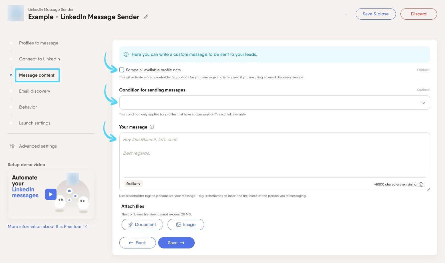 PhantomBuster LinkedIn Message Sender step 3 writing and customizing your message