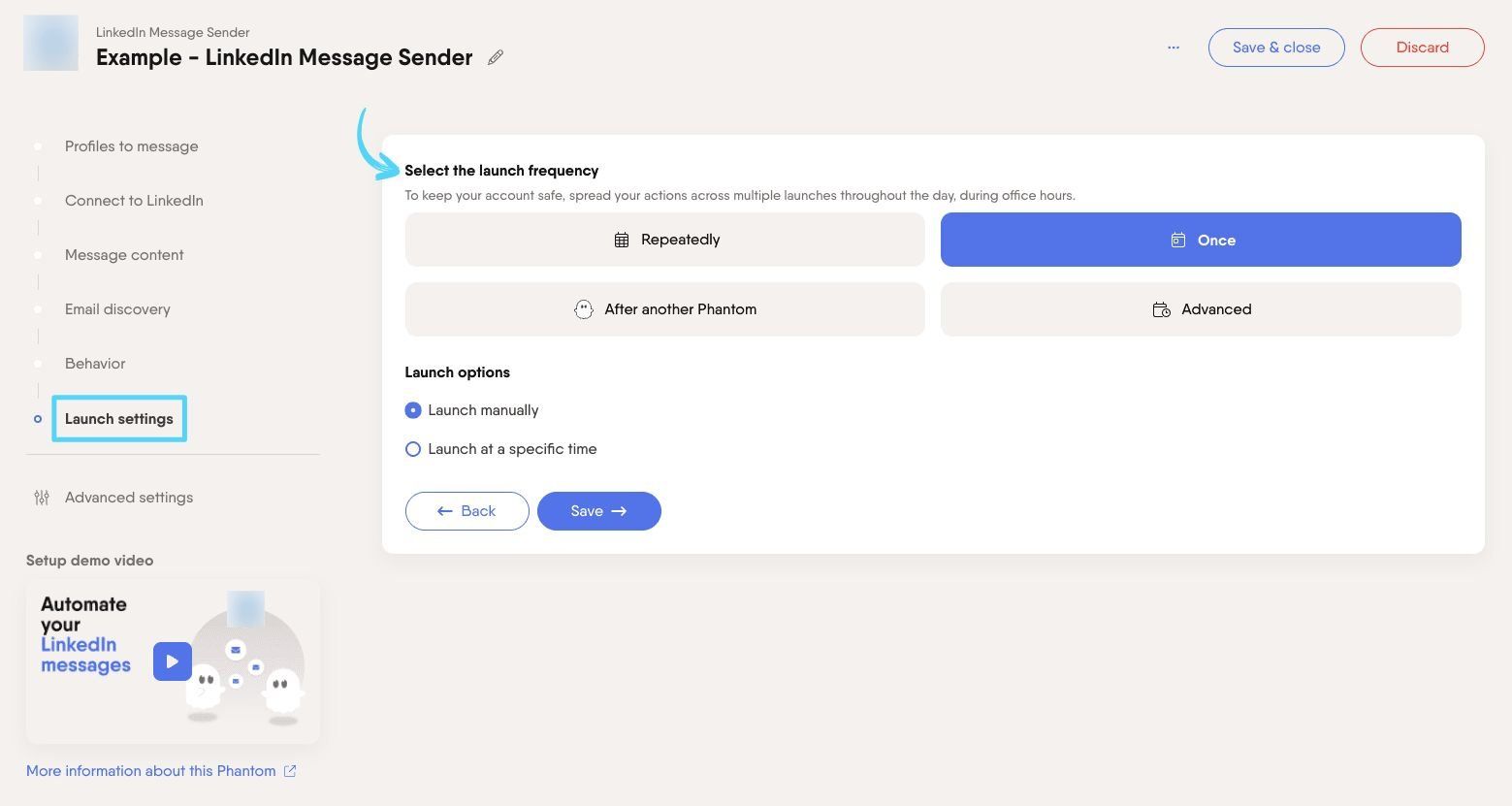 PhantomBuster LinkedIn Message Sender step 6 selecting launch frequency