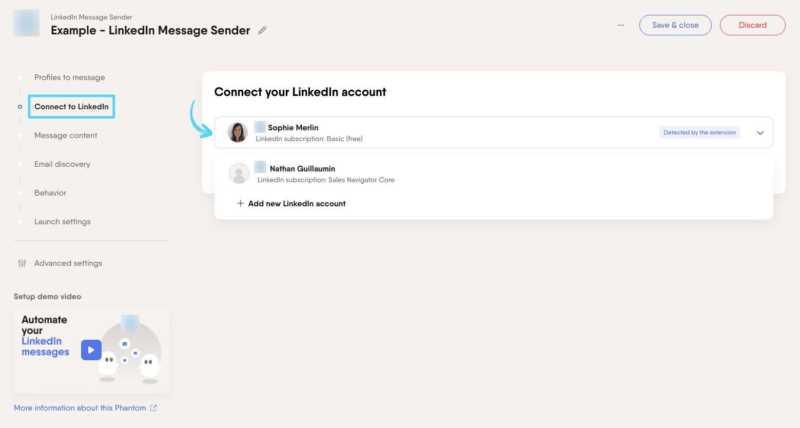 PhantomBuster LinkedIn Message Sender step 2 connecting your LinkedIn account