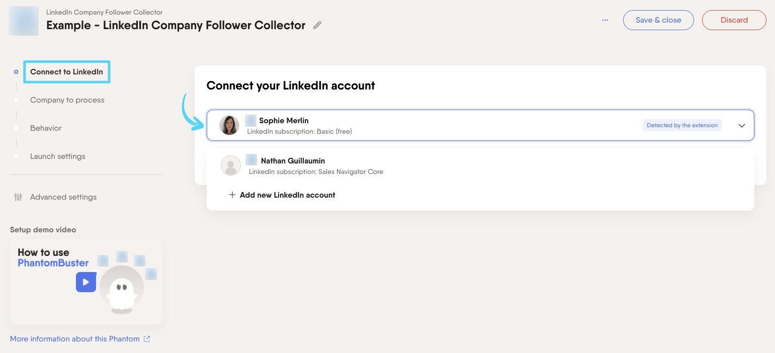 PhantomBuster LinkedIn Company Follower Collector step 1 connecting your LinkedIn account