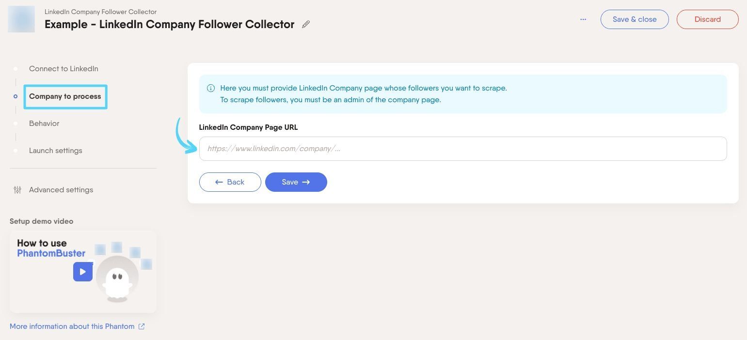 PhantomBuster LinkedIn Company Follower Collector step 2 providing your LinkedIn Company Page URL