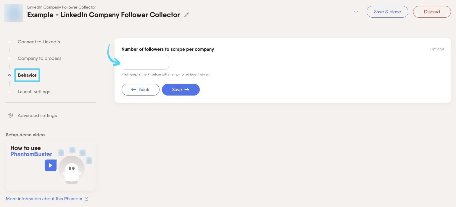 PhantomBuster LinkedIn Company Follower Collector step 3 choosing how many followers to extract per launch