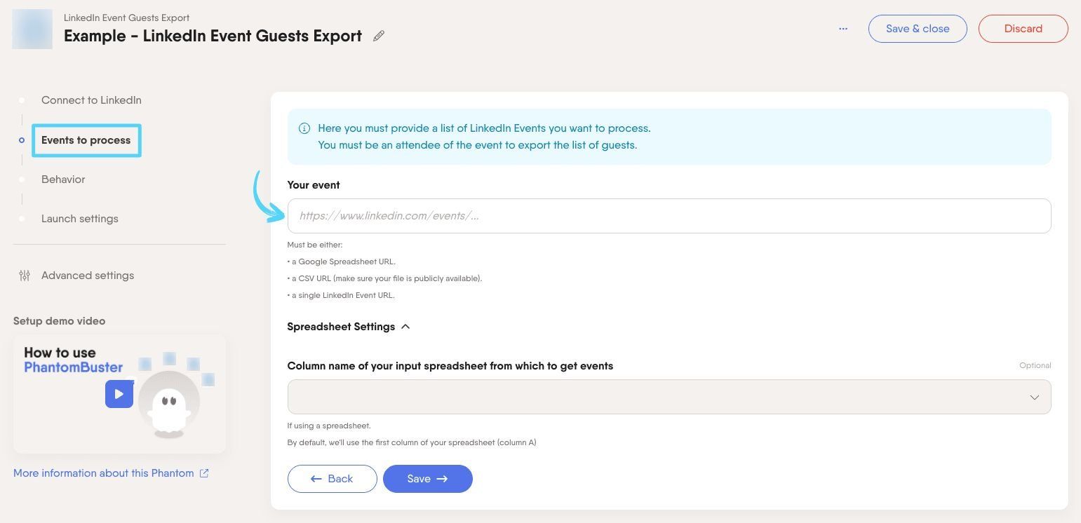 PhantomBuster LinkedIn Event Guests Export step 2 providing LinkedIn event URLs
