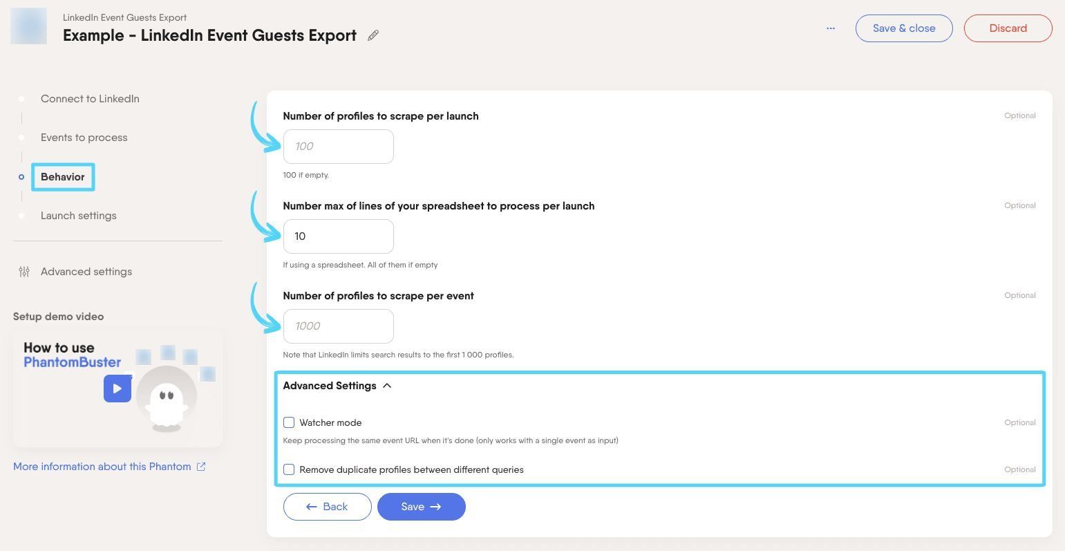 PhantomBuster LinkedIn Event Guests Export step 3 configuring scraping settings