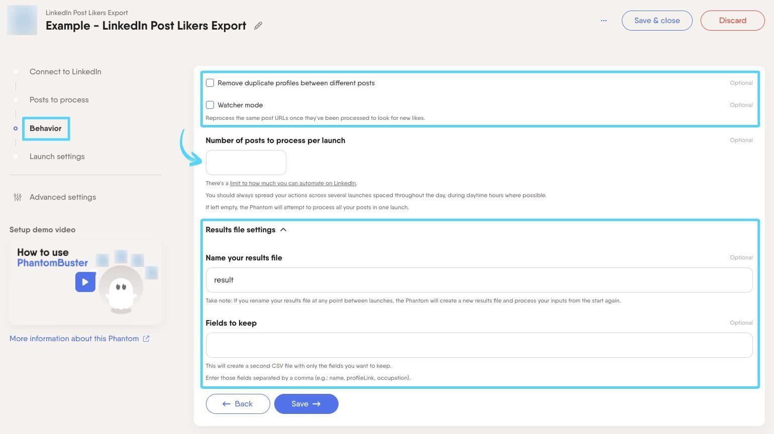 PhantomBuster LinkedIn Post Likers Export step 3 controlling how many posts are processed