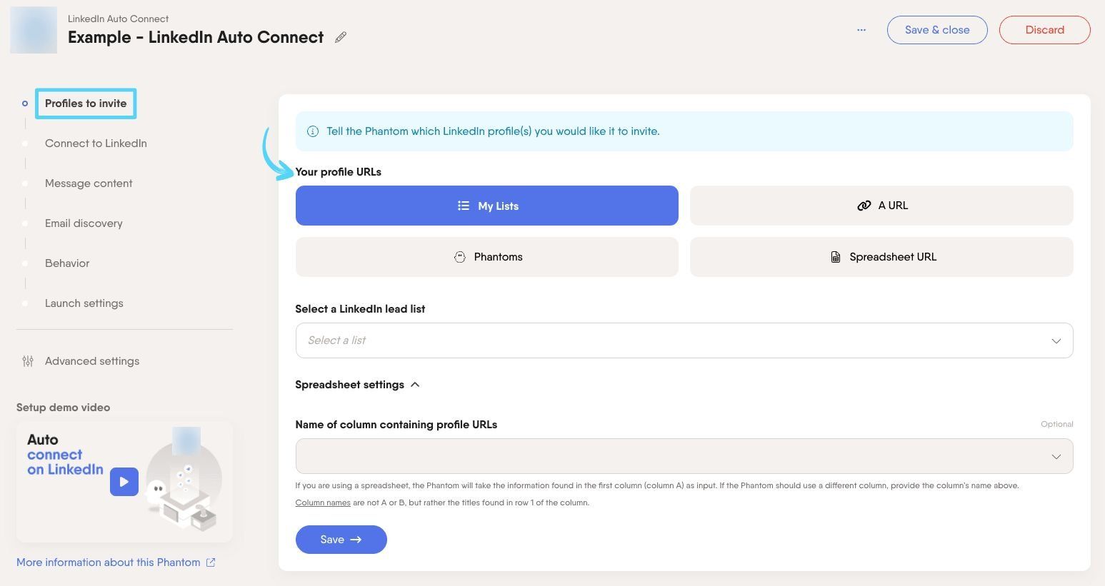 PhantomBuster LinkedIn Auto Connect step 1 choosing which LinkedIn profiles to invite