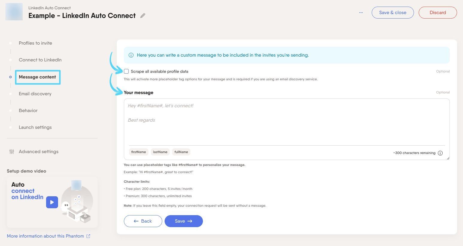 PhantomBuster LinkedIn Auto Connect step 3 writing and customizing your connection request message
