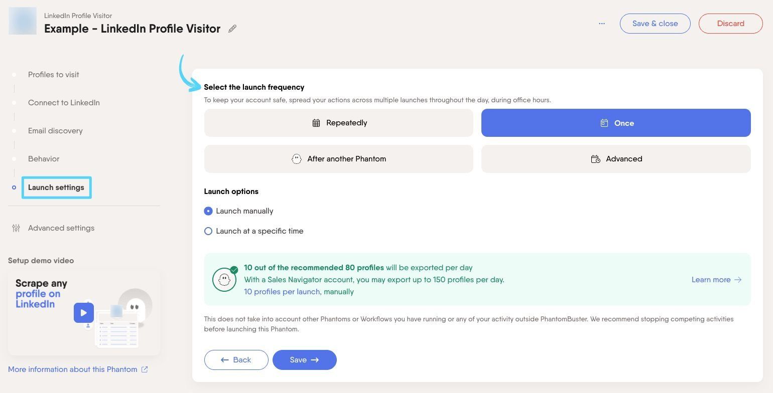 PhantomBuster LinkedIn Profile Visitor step 5 selecting launch frequency