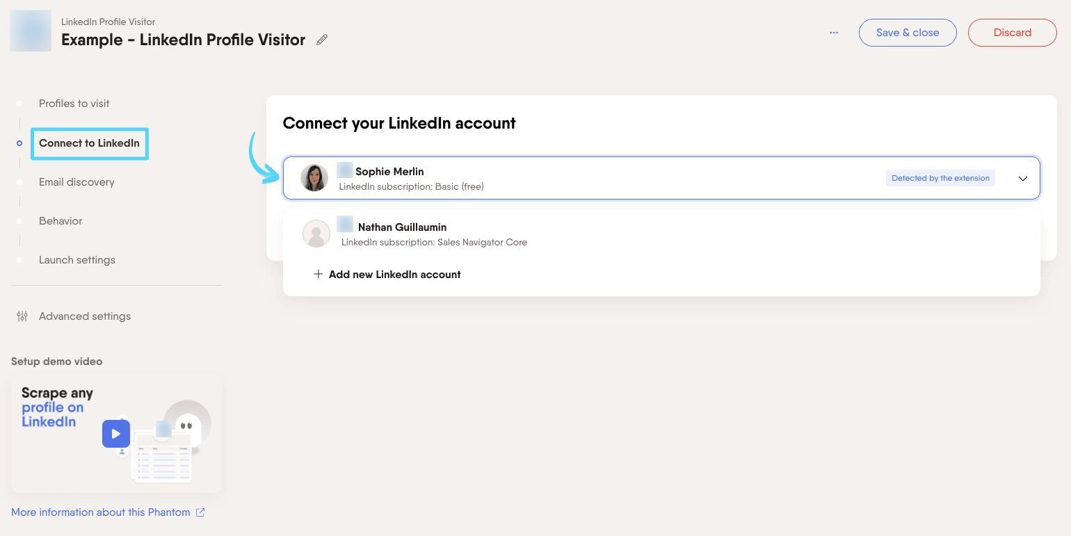 PhantomBuster LinkedIn Profile Visitor step 2 connecting your LinkedIn account