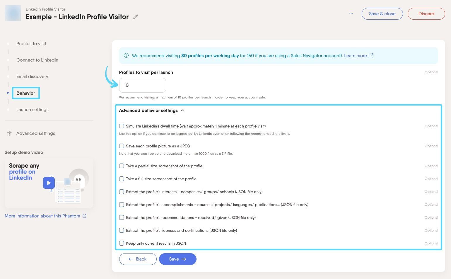 PhantomBuster LinkedIn Profile Visitor step 4 configuring Phantom behavior