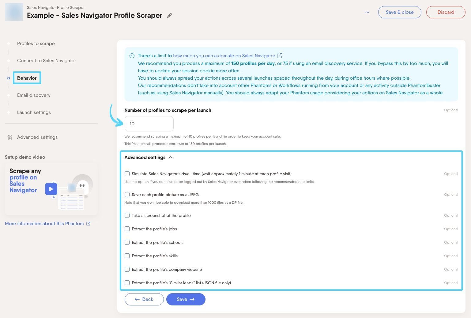 PhantomBuster Sales Navigator Profile Scraper step 3 configuring how many profiles to extract and advanced settings