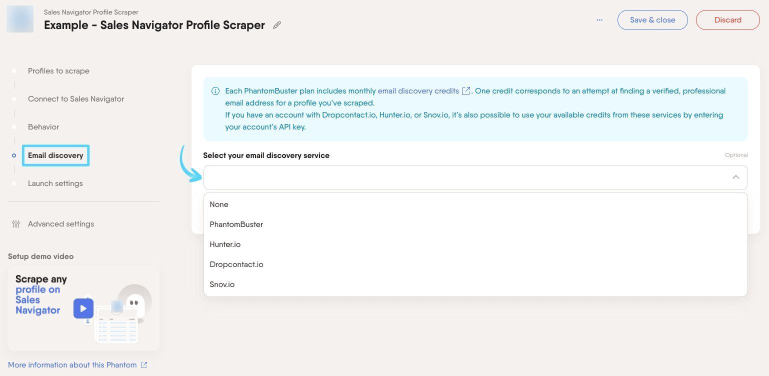 PhantomBuster Sales Navigator Profile Scraper step 4 enriching leads with professional emails via email discovery