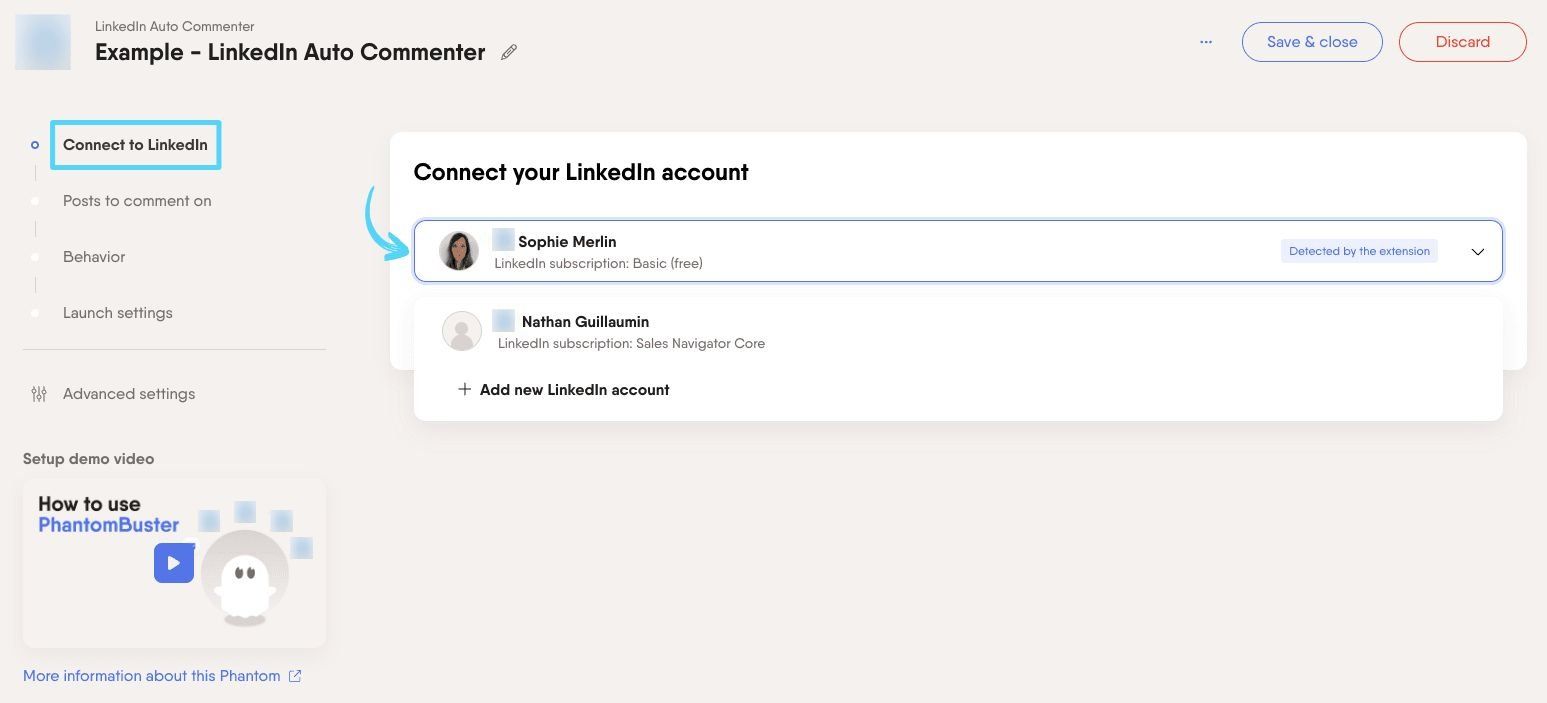 PhantomBuster LinkedIn Auto Commenter step 1 connecting your LinkedIn account