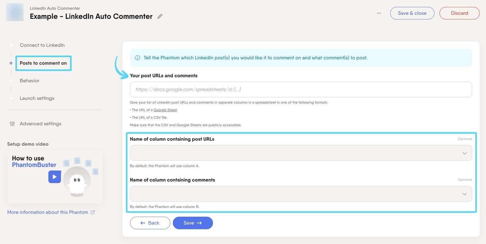 PhantomBuster LinkedIn Auto Commenter step 2 providing your post URLs and comments