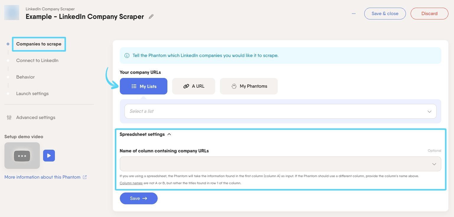 PhantomBuster LinkedIn Company Scraper step 1 choosing which LinkedIn companies to scrape