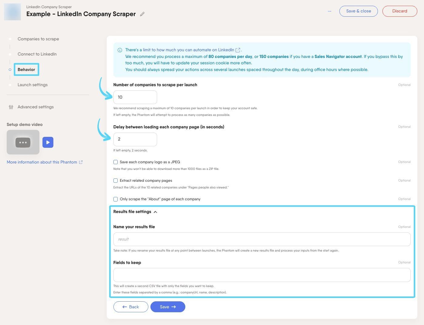 PhantomBuster LinkedIn Company Scraper step 3 configuring Phantom behavior
