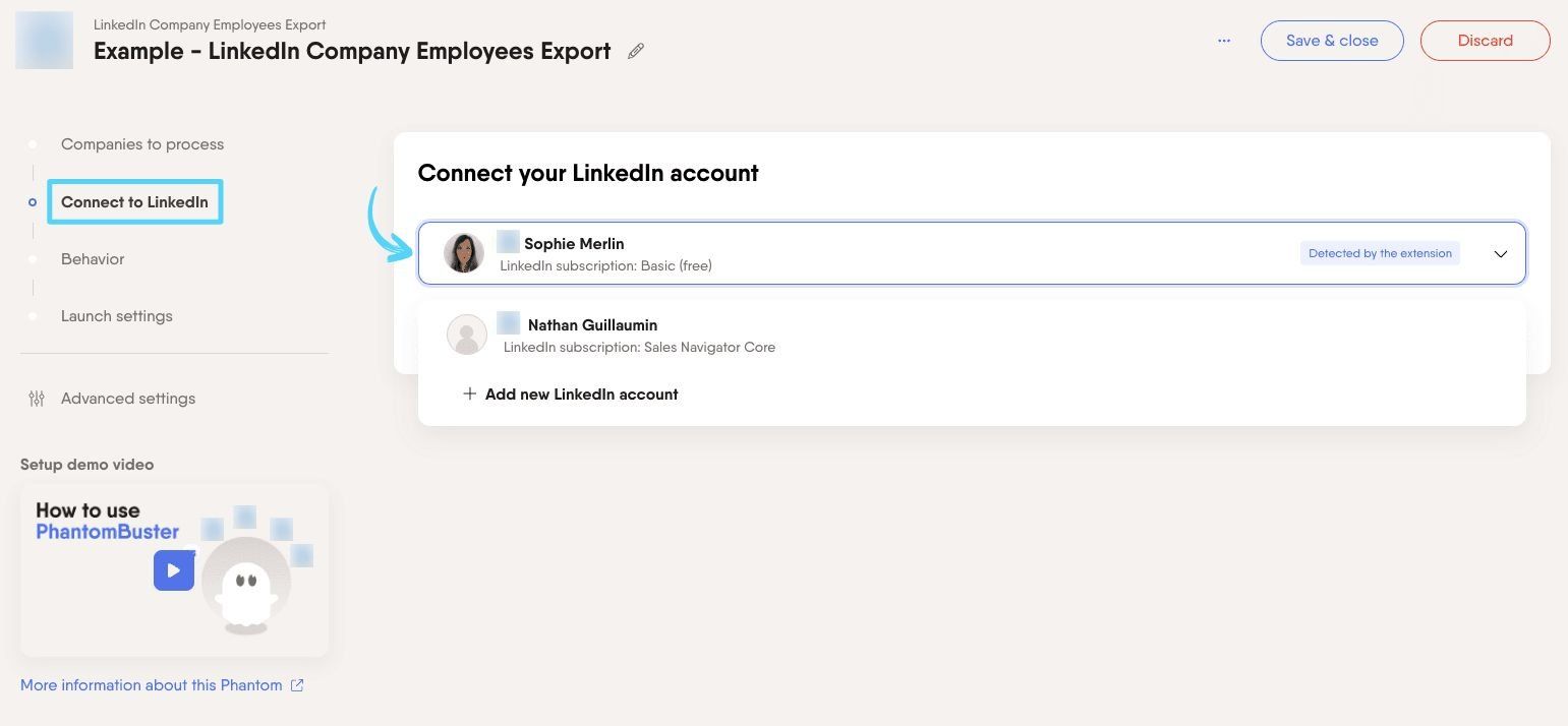 PhantomBuster LinkedIn Company Employees Export step 2 connecting your LinkedIn account