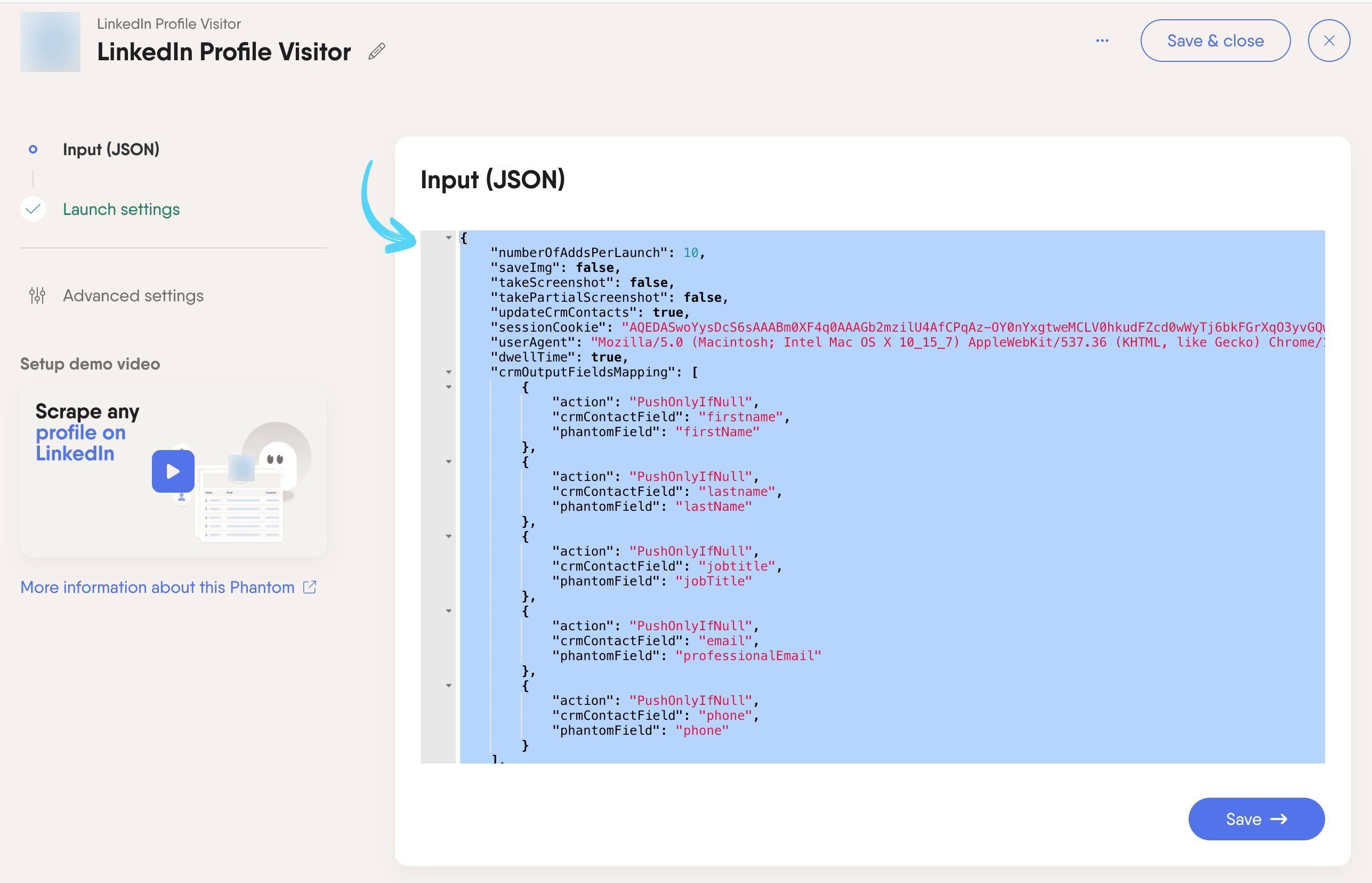PhantomBuster Phantom setup JSON view showing the full argument object with sessionCookie and userAgent