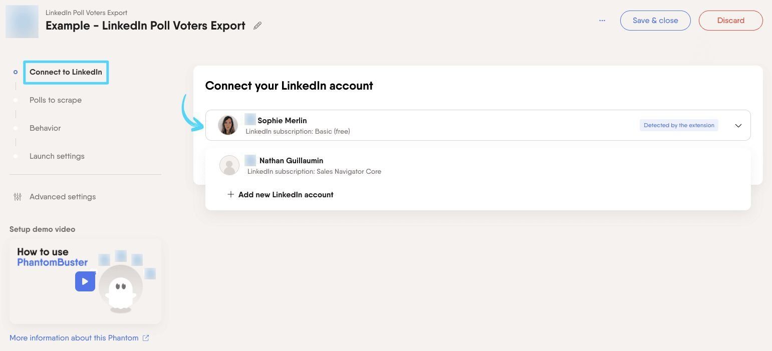 PhantomBuster LinkedIn Poll Voters Export step 1 connecting your LinkedIn account