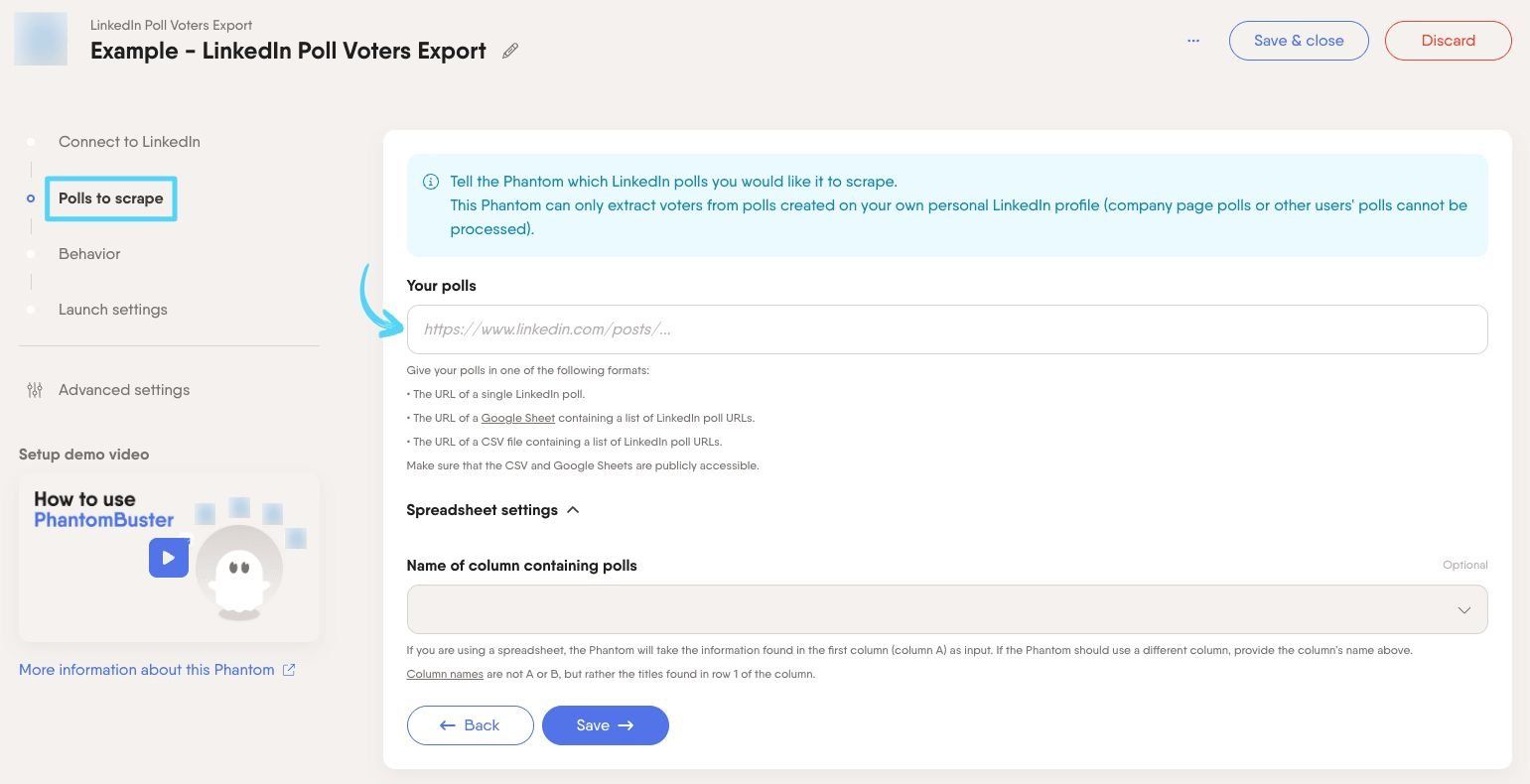 PhantomBuster LinkedIn Poll Voters Export step 2 providing your LinkedIn poll URLs