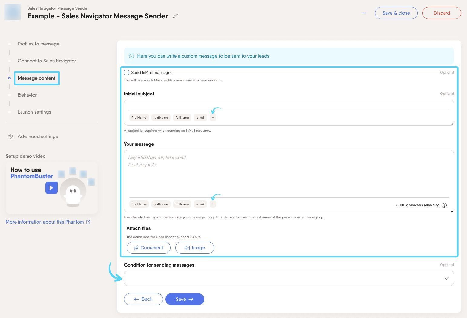 PhantomBuster Sales Navigator Message Sender step 3 writing and customizing your message and InMail options